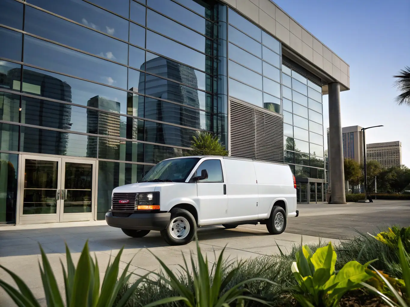 A white GMC Savana 2500 cargo van parked in front of a modern office building, ready for delivery, symbolizing Cobalt Couriers' commitment to efficient and reliable high-value cargo delivery services.